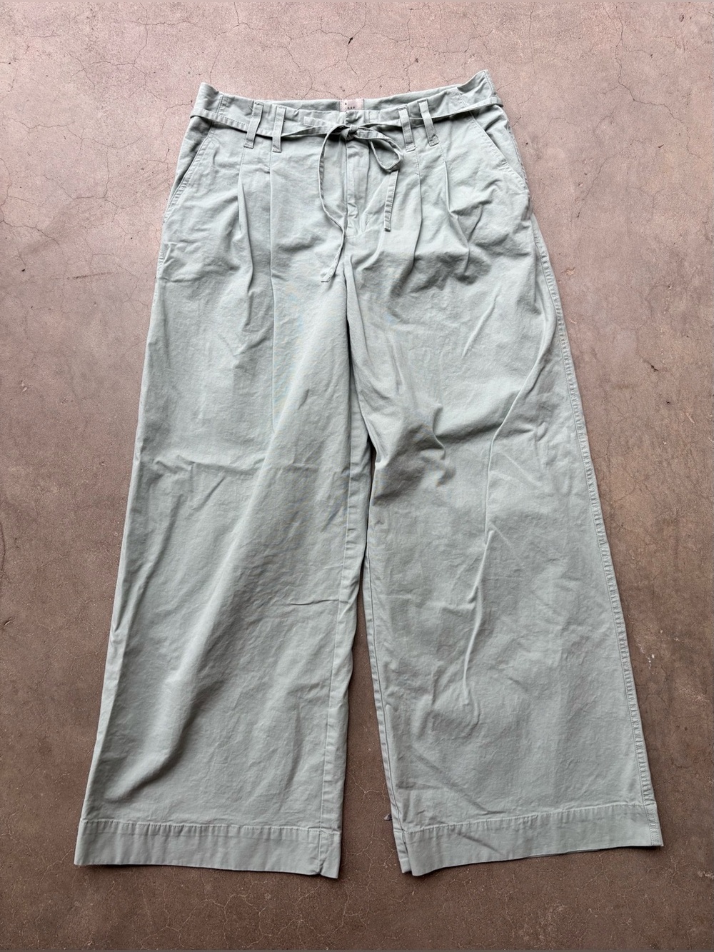 A New Day Sage Green High Rise Wide Leg Pleated Trousers Pants Size 10 Tie Waist